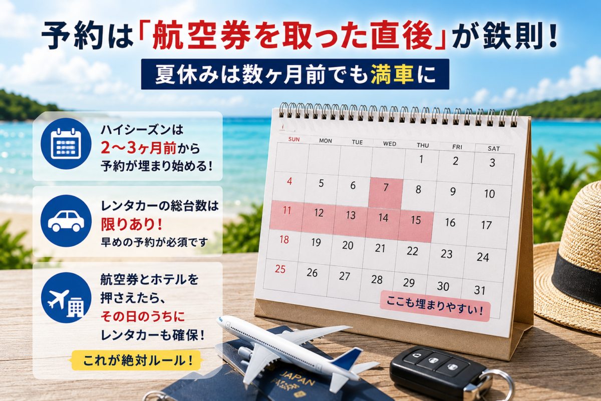 レンタカーの予約は航空券を取った直後におすすめしている図解