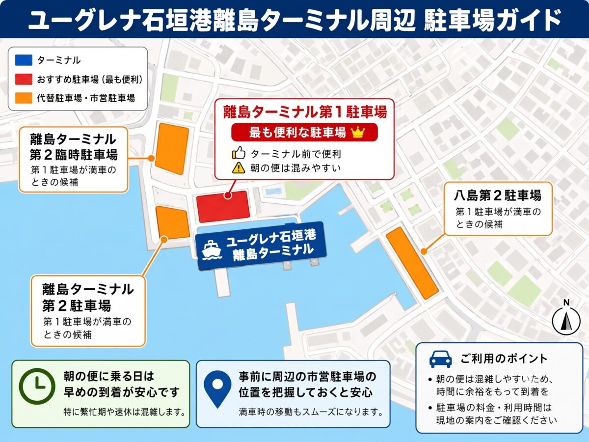 「ユーグレナ石垣港離島ターミナル」周辺の駐車場の図解
