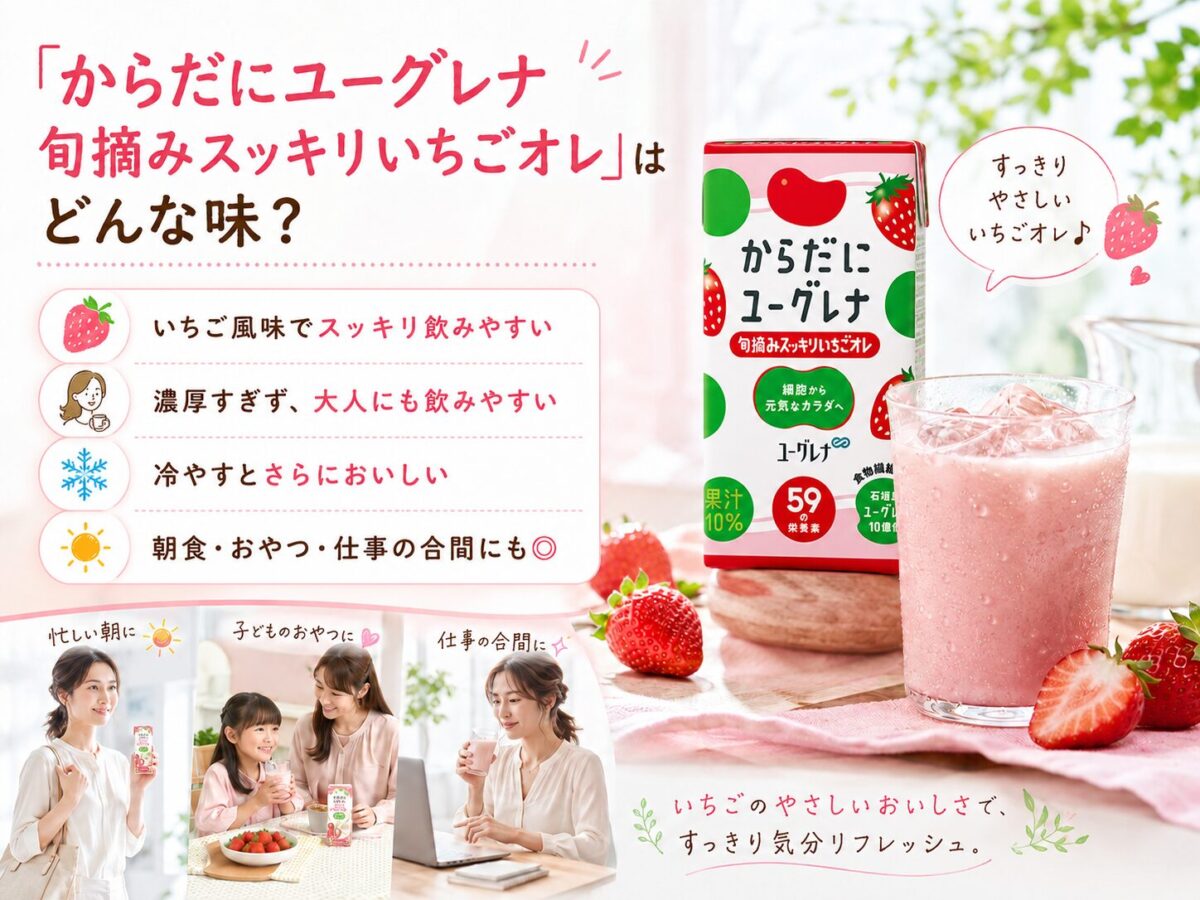 「からだにユーグレナ 旬摘みスッキリいちごオレ」を、忙しい朝、子どものおやつの時、仕事の合間に飲んでいる様子と図解