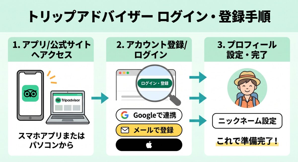 トリップアドバイザーのログイン・登録手順を図解