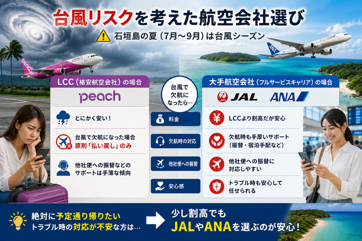 石垣島の台風シーズンにおけるLCCとJAL・ANAの航空会社選びを比較した図解