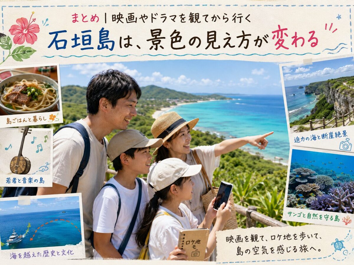 家族旅行で石垣島のロケ地を探索しようとしている様子