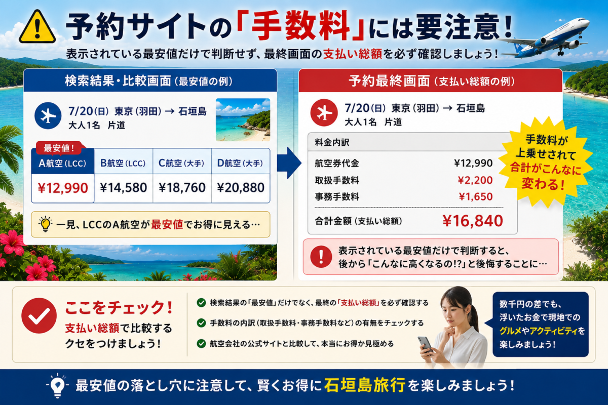 航空券予約サイトの表示価格と手数料込みの支払い総額を比較した図解