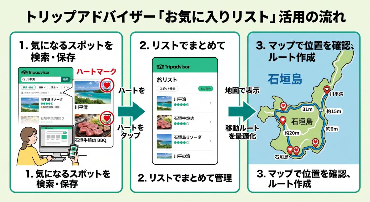 トリップアドバイザーの「お気に入りリスト」の活用の流れを図解