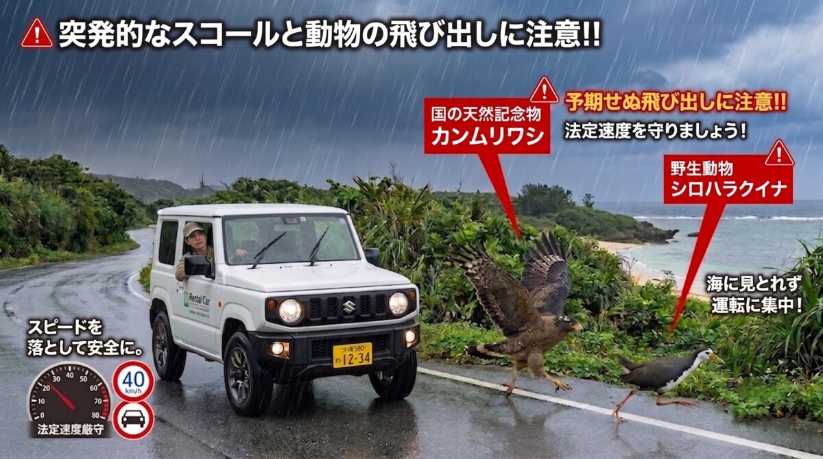 雨の中、沖縄の沿岸道路を走行する白いスズキ・ジムニー（レンタカー）と、その前方の道路に飛び出している2羽の鳥を描いた、安全運転啓発のためのインフォグラフィックです。

画面上部には「突発的なスコールと動物の飛び出しに注意!!」という警告見出しがあります。

道路中央には大きな猛禽類がおり、赤い注釈で「国の天然記念物 カンムリワシ」と示され、「予期せぬ飛び出しに注意!! 法定速度を守りましょう!」と警告されています。

道路右側を小さな鳥が走っており、注釈で「野生動物 シロハラクイナ」と示されています。

左下には「スピードを落として安全に。」のテキストと、40km/h制限の標識、「法定速度厳守」のテキストがあります。右下には「海に見とれず運転に集中!」のテキストがあります。背景には海岸線と緑豊かな植生、雨空が広がっています。