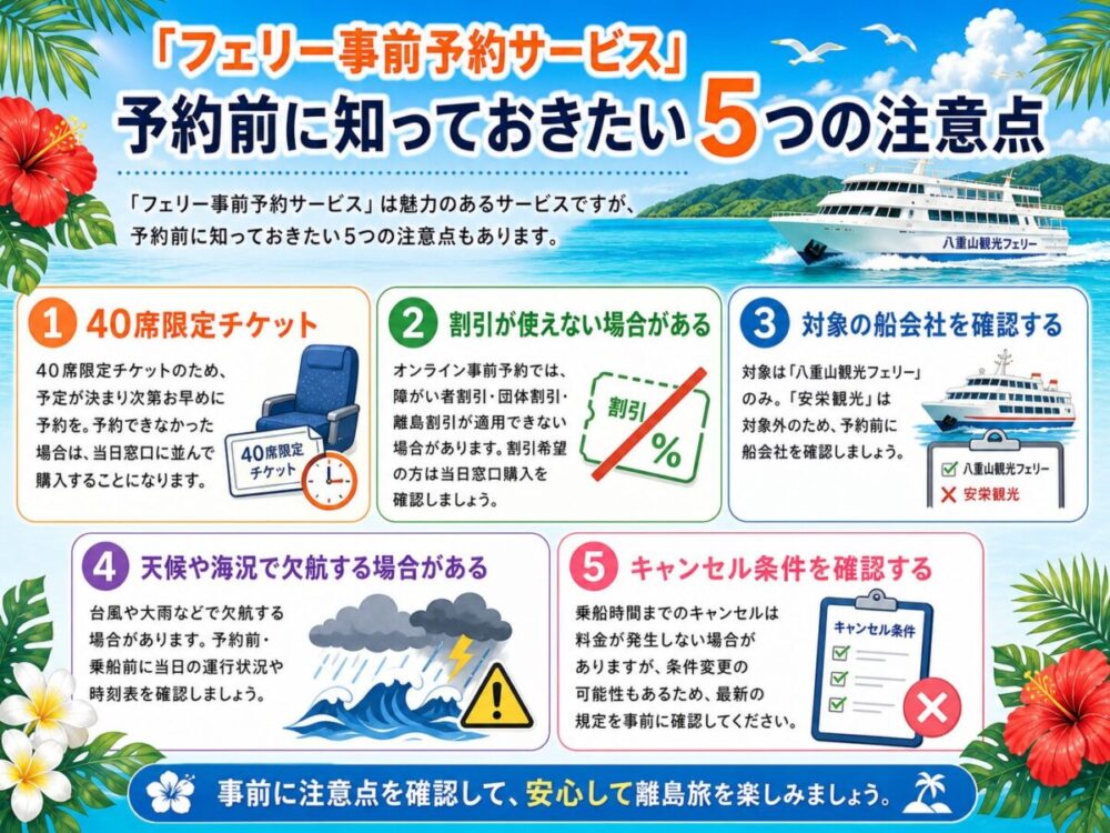 「フェリー事前予約サービス」を利用する前に確認しておきたい5つの注意点の図解