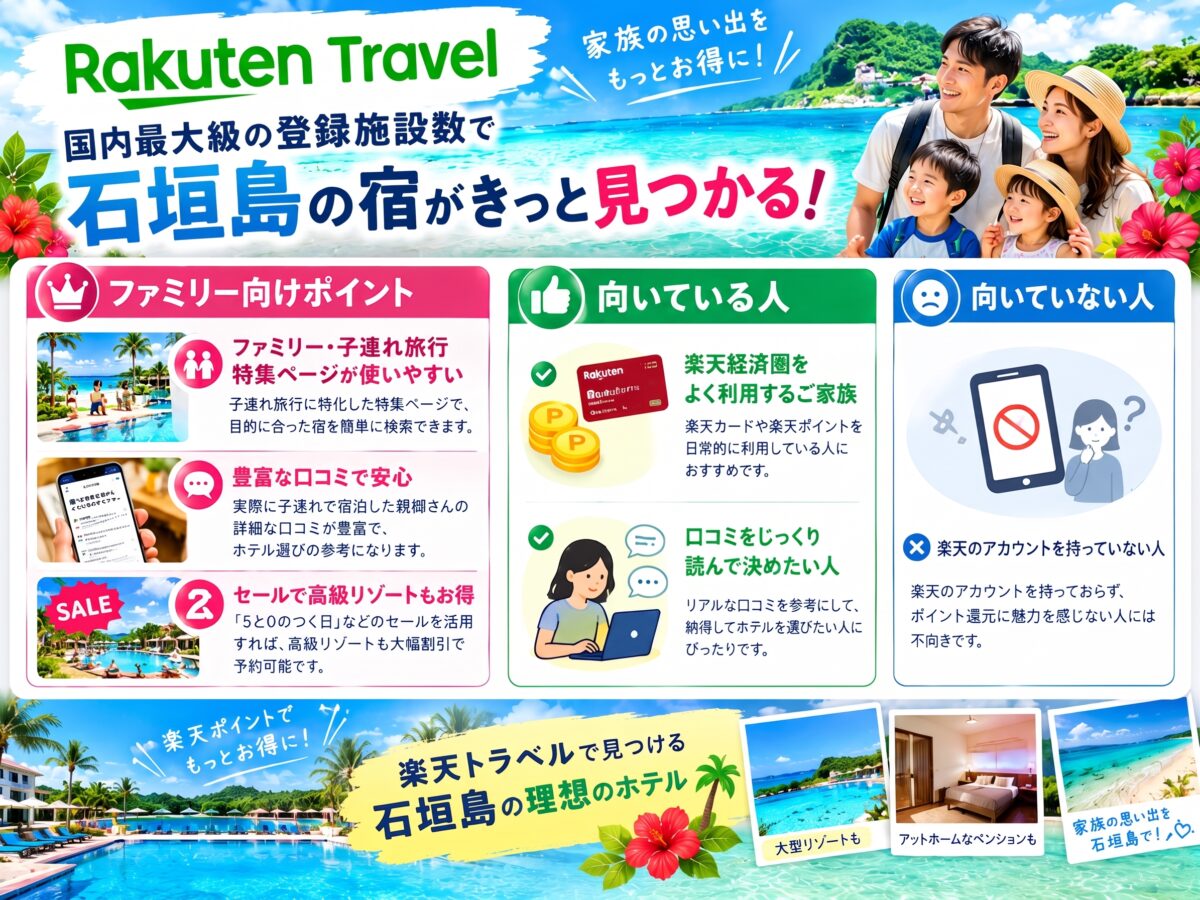 国内最大級「楽天トラベル」の特徴解説図解。子連れ旅行特集ページや口コミの充実度、5と0のつく日セール、楽天ポイント活用と向いている人・向いていない人のまとめ