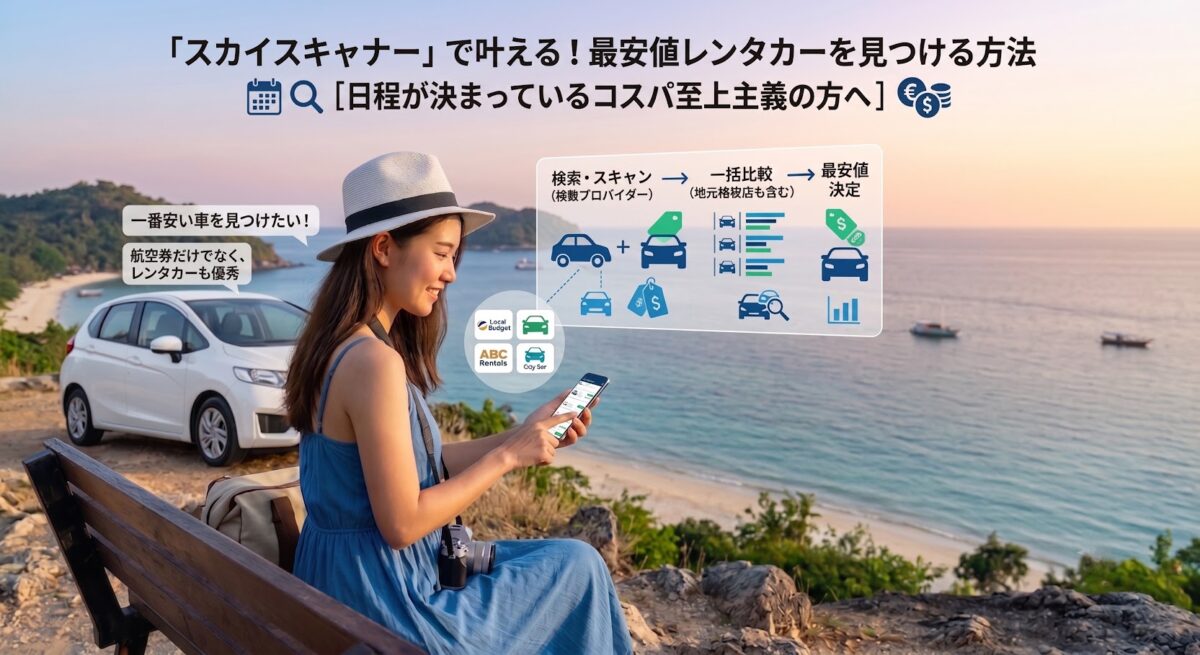 「スカイスキャナー」のレンタカーの魅力を図解