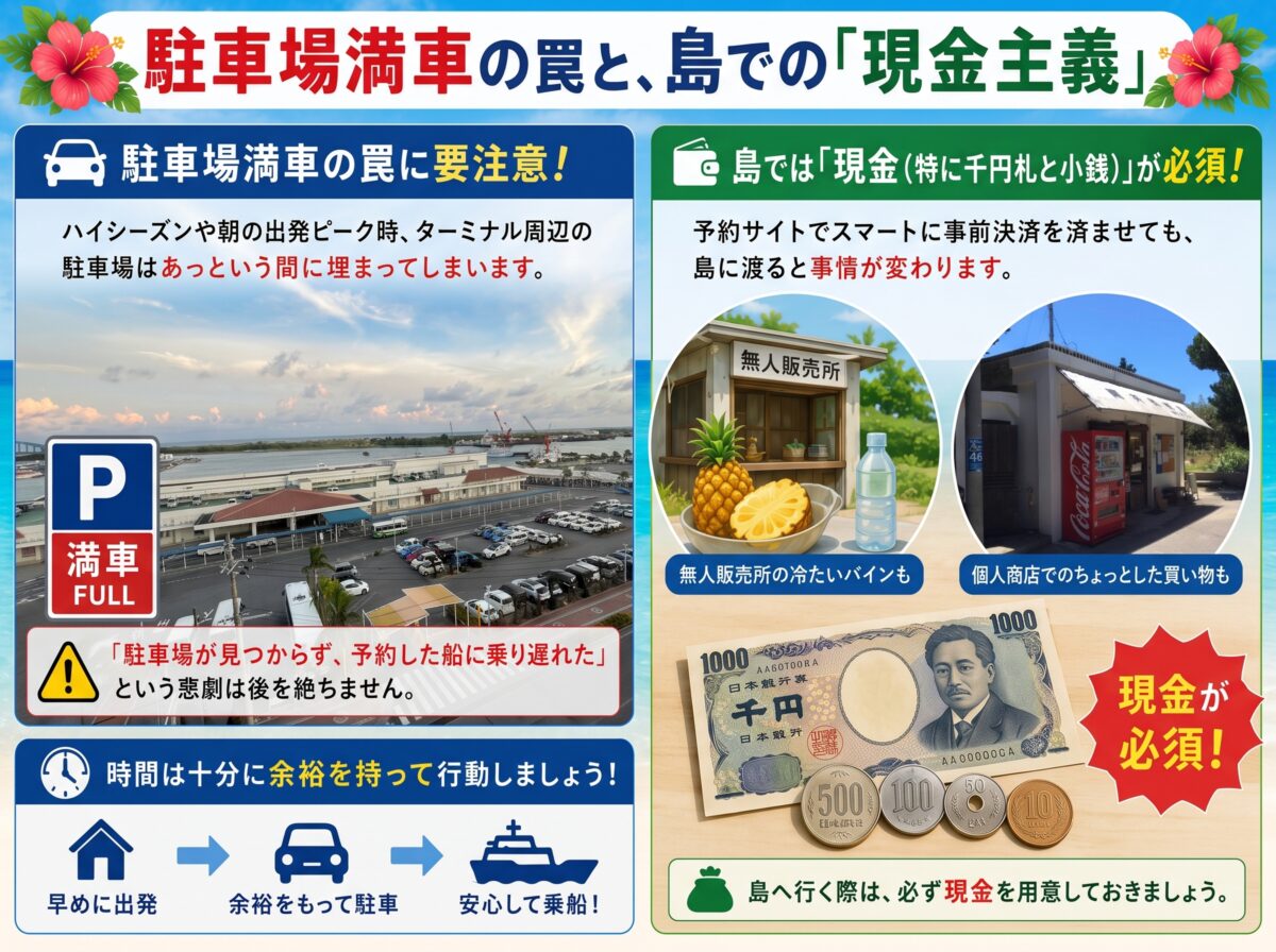 「ユーグレナ石垣島離島ターミナル」の駐車場満車リスクへの注意喚起と、離島の無人販売所や個人商店では現金（千円札や小銭）が必須となるリアルな事情をまとめた図解。