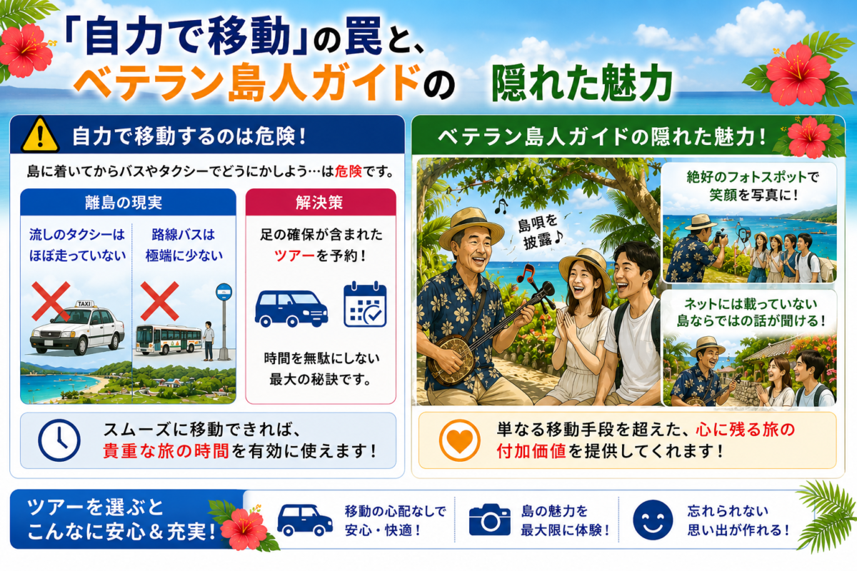 石垣島の離島旅行で自力移動する難しさと、ベテラン島人ガイド付きツアーの魅力を紹介する図解