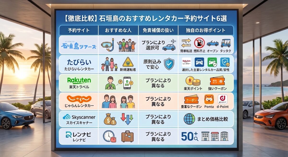 垣島のおすすめレンタカー予約サイト6選（石垣島ツアーズ、たびらいレンタカー、楽天トラベル、じゃらんレンタカー、スカイスキャナー、レンナビ）について、おすすめな人、免責補償の扱い、独自のお得ポイントを一覧にまとめた比較表の画像。