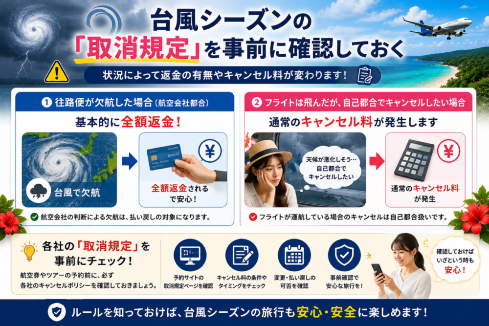台風シーズンに確認必須な取消規定(欠航時の全額返金と自己都合キャンセルの違いを解説)